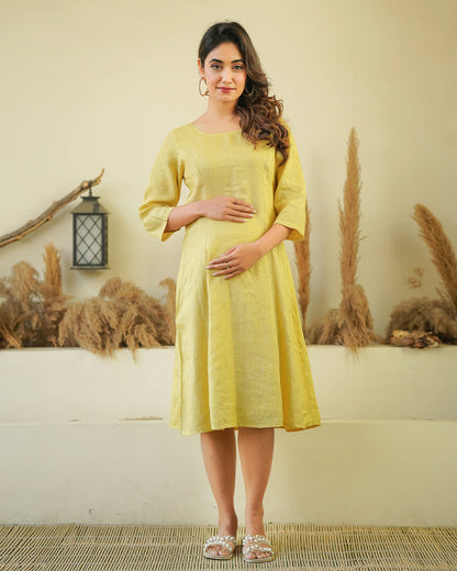 Ellementree Avocado Maternity Dress-Solid-Premium European Linen-Round Neck-Bump Friendly