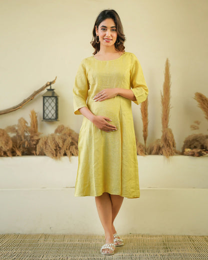 Ellementree Avocado Maternity Dress-Solid-Premium European Linen-Round Neck-Bump Friendly