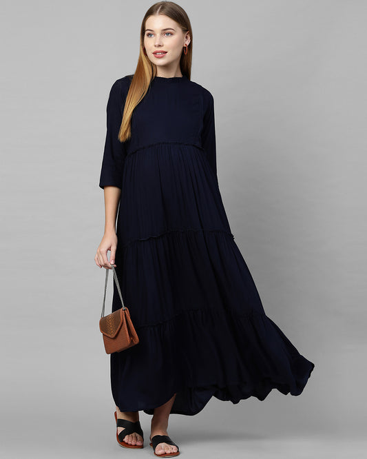 MomToBe Navy Blue Maternity Nursing Dress-Solid Color-Cotton Blend-Frill Neck-Bump Friendly