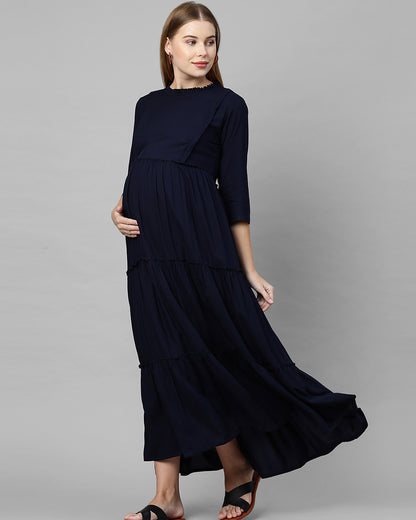 navy blue bump friendly dress Dahlia Eyelet Maternity & Nursing Dress | Navy - L