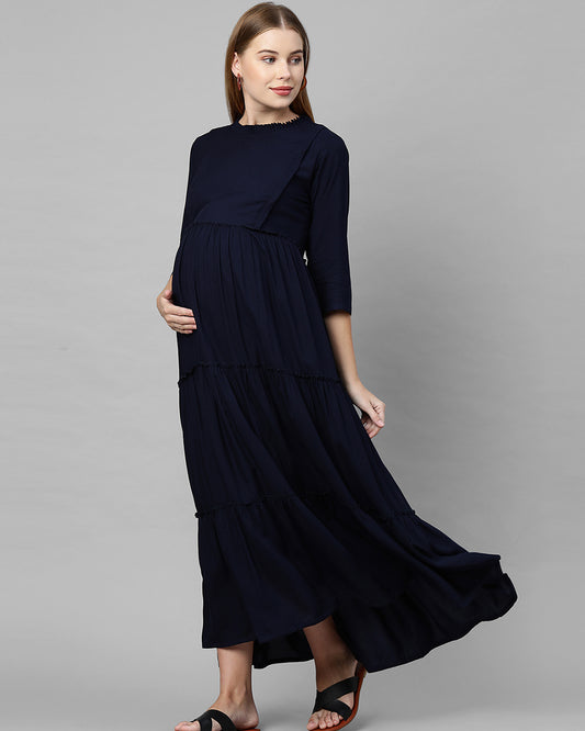 MomToBe Navy Blue Maternity Nursing Dress-Solid Color-Cotton Blend-Frill Neck-Bump Friendly