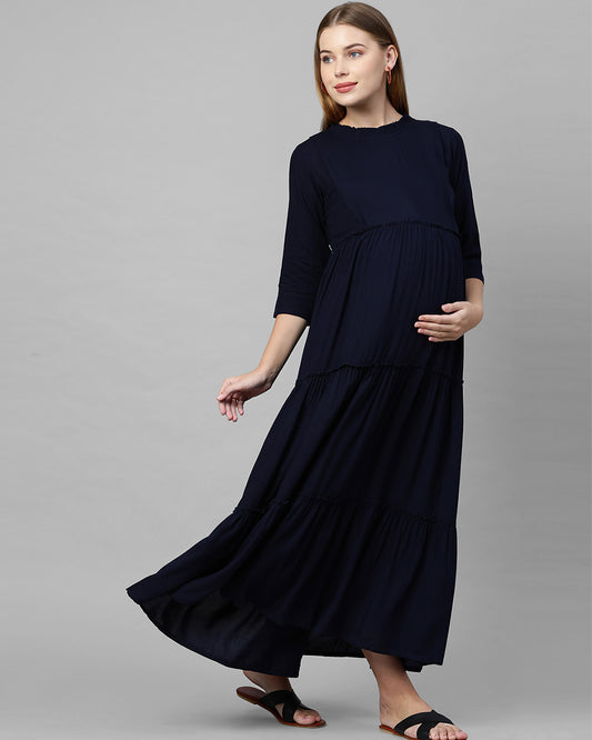 MomToBe Navy Blue Maternity Nursing Dress-Solid Color-Cotton Blend-Frill Neck-Bump Friendly