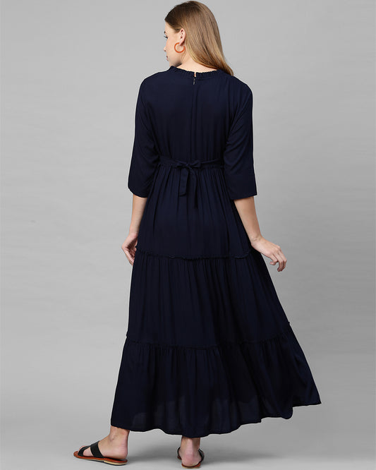 MomToBe Navy Blue Maternity Nursing Dress-Solid Color-Cotton Blend-Frill Neck-Bump Friendly