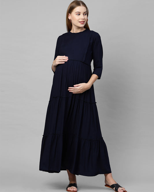 MomToBe Navy Blue Maternity Nursing Dress-Solid Color-Cotton Blend-Frill Neck-Bump Friendly