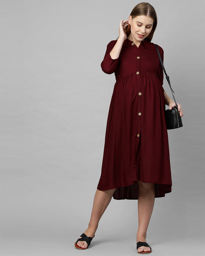 MomToBe Maroon Maternity Nursing Dress-Solid Color-Cotton Blend-Collar Neck-Bump Friendly