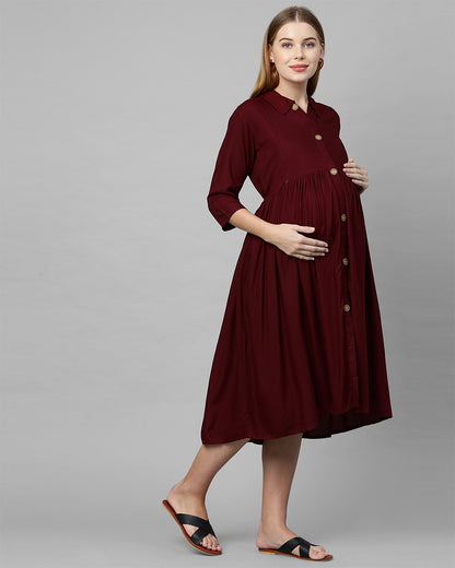 MomToBe Maroon Maternity Nursing Dress-Solid Color-Cotton Blend-Collar Neck-Bump Friendly