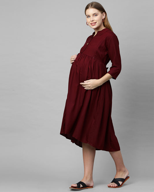 MomToBe Maroon Maternity Nursing Dress-Solid Color-Cotton Blend-Collar Neck-Bump Friendly