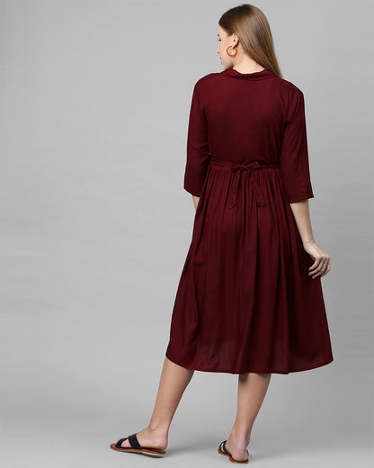 MomToBe Maroon Maternity Nursing Dress-Solid Color-Cotton Blend-Collar Neck-Bump Friendly