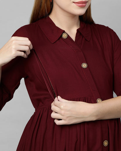 MomToBe Maroon Maternity Nursing Dress-Solid Color-Cotton Blend-Collar Neck-Bump Friendly