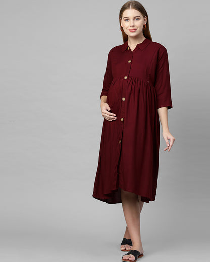 MomToBe Maroon Maternity Nursing Dress-Solid Color-Cotton Blend-Collar Neck-Bump Friendly