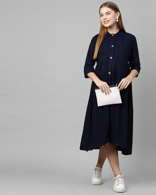 MomToBe Navy Blue Maternity Nursing Dress-Solid Color-Cotton Blend-Collar Neck-Bump Friendly