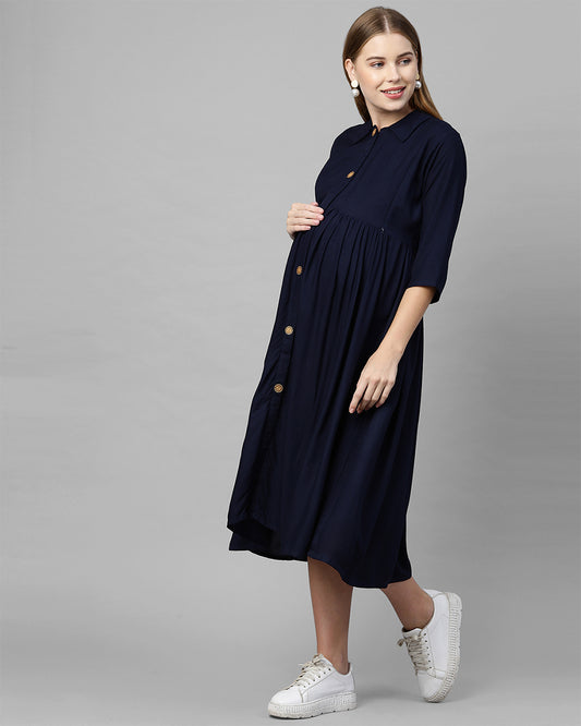 MomToBe Navy Blue Maternity Nursing Dress-Solid Color-Cotton Blend-Collar Neck-Bump Friendly