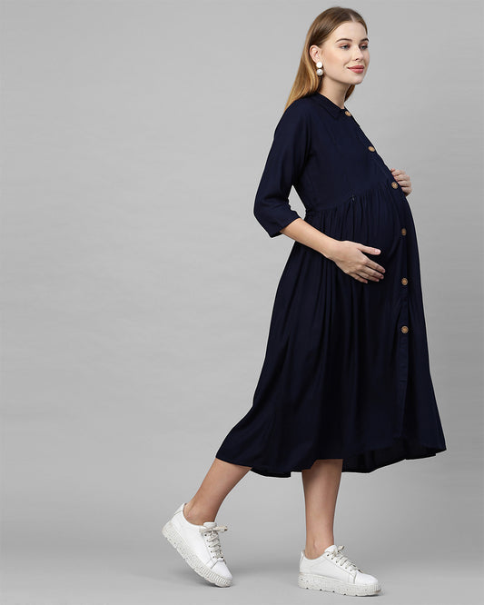 MomToBe Navy Blue Maternity Nursing Dress-Solid Color-Cotton Blend-Collar Neck-Bump Friendly