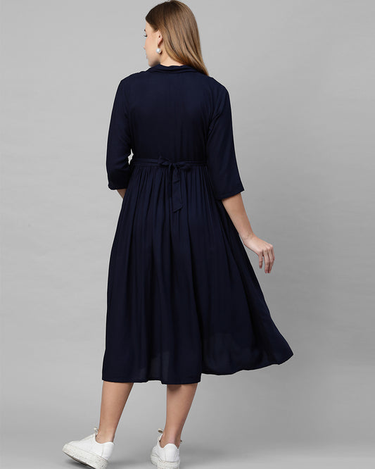 MomToBe Navy Blue Maternity Nursing Dress-Solid Color-Cotton Blend-Collar Neck-Bump Friendly