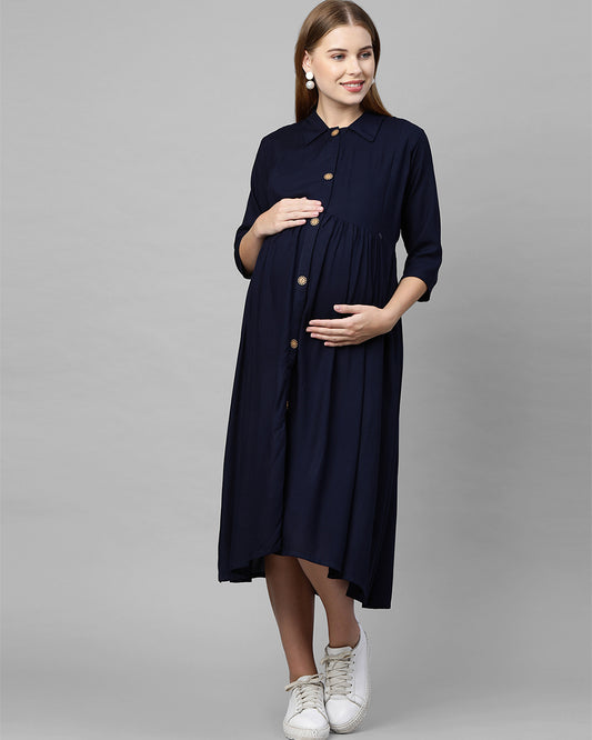 MomToBe Navy Blue Maternity Nursing Dress-Solid Color-Cotton Blend-Collar Neck-Bump Friendly