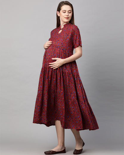 MomToBe Maroon Maternity Nursing Dress-Floral Print-Rayon-Keyhole Neck-Bump Friendly