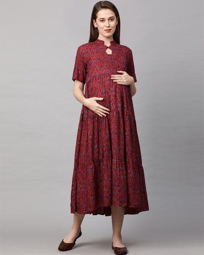 MomToBe Maroon Maternity Nursing Dress-Floral Print-Rayon-Keyhole Neck-Bump Friendly