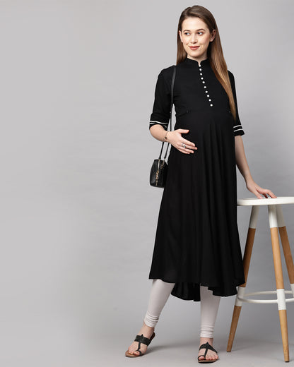 MomToBe Black Maternity Nursing Kurta-Solid Color-Rayon-Mandarin Collar-Half Sleeves-Bump Friendly