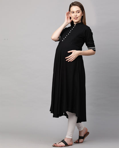 MomToBe Black Maternity Nursing Kurta-Solid Color-Rayon-Mandarin Collar-Half Sleeves-Bump Friendly