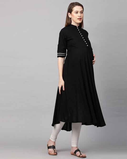 MomToBe Black Maternity Nursing Kurta-Solid Color-Rayon-Mandarin Collar-Half Sleeves-Bump Friendly