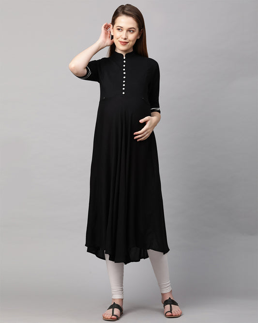 MomToBe Black Maternity Nursing Kurta-Solid Color-Rayon-Mandarin Collar-Half Sleeves-Bump Friendly