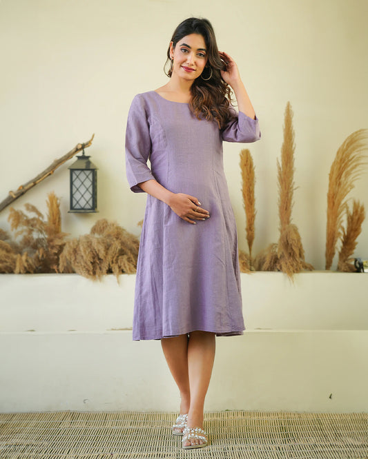 Ellementree Lilac Maternity Dress-Solid-Premium European Linen-Round Neck-Bump Friendly