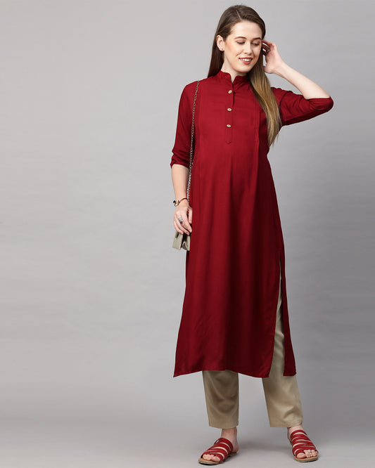 MomToBe Maroon Maternity Nursing Kurta-Solid Color-Rayon-Mandarin Collar-Bump Friendly