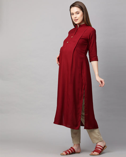 MomToBe Maroon Maternity Nursing Kurta-Solid Color-Rayon-Mandarin Collar-Bump Friendly