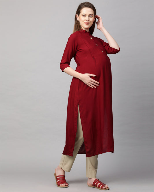 MomToBe Maroon Maternity Nursing Kurta-Solid Color-Rayon-Mandarin Collar-Bump Friendly