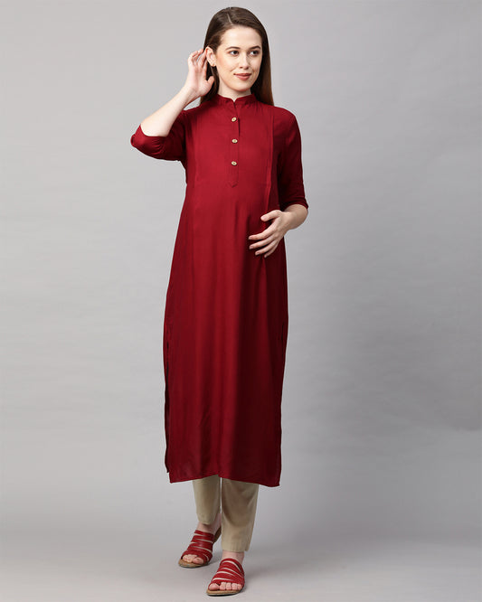 MomToBe Maroon Maternity Nursing Kurta-Solid Color-Rayon-Mandarin Collar-Bump Friendly