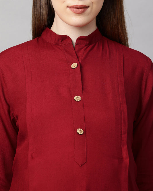 MomToBe Maroon Maternity Nursing Kurta-Solid Color-Rayon-Mandarin Collar-Bump Friendly