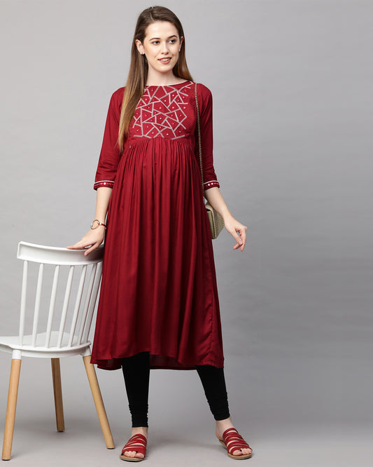 MomToBe Maroon Maternity Nursing Kurta-Embroidered Print-Rayon-Boat Neck-Bump Friendly