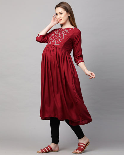 MomToBe Maroon Maternity Nursing Kurta-Embroidered Print-Rayon-Boat Neck-Bump Friendly