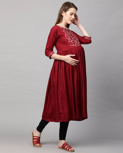 MomToBe Maroon Maternity Nursing Kurta-Embroidered Print-Rayon-Boat Neck-Bump Friendly