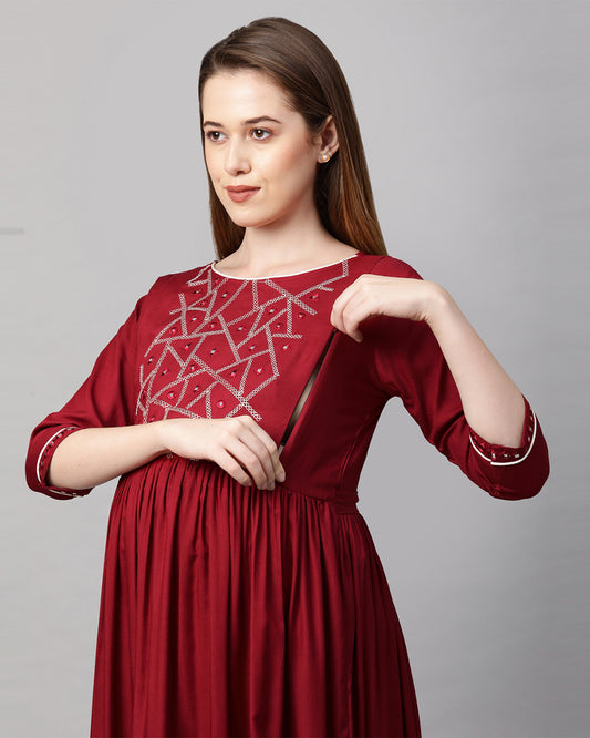 MomToBe Maroon Maternity Nursing Kurta-Embroidered Print-Rayon-Boat Neck-Bump Friendly