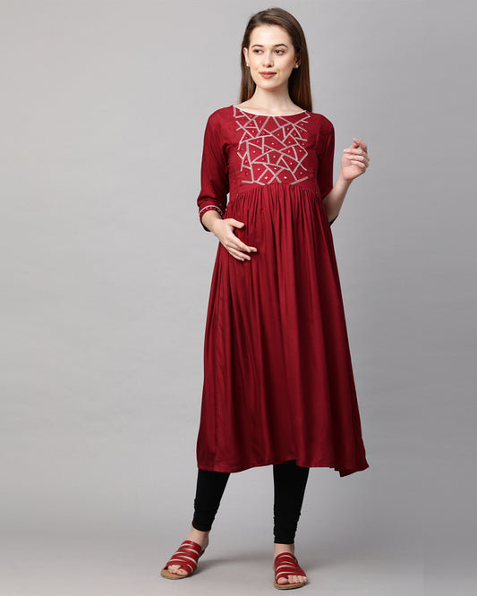 MomToBe Maroon Maternity Nursing Kurta-Embroidered Print-Rayon-Boat Neck-Bump Friendly