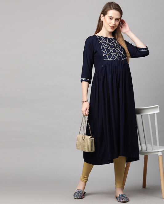 MomToBe Navy Blue Maternity Nursing Kurta-Embroidered Print-Rayon-Boat Neck-Bump Friendly