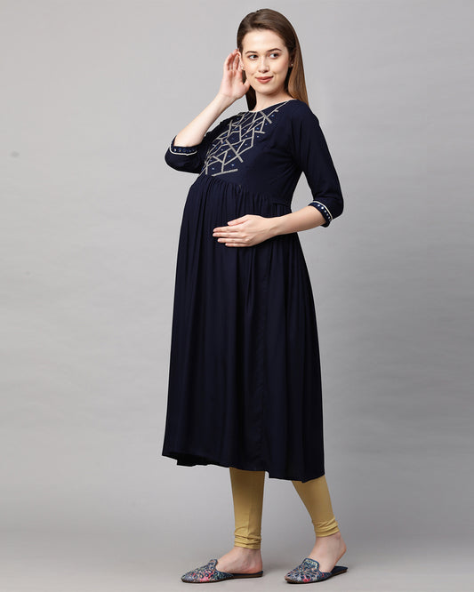 MomToBe Navy Blue Maternity Nursing Kurta-Embroidered Print-Rayon-Boat Neck-Bump Friendly