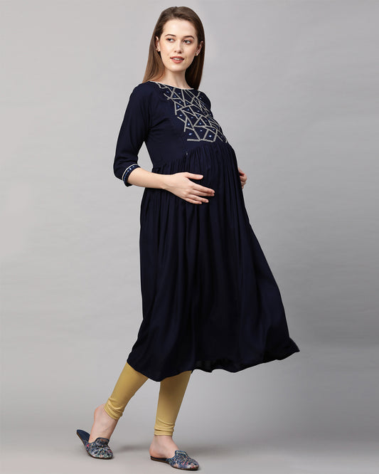 MomToBe Navy Blue Maternity Nursing Kurta-Embroidered Print-Rayon-Boat Neck-Bump Friendly