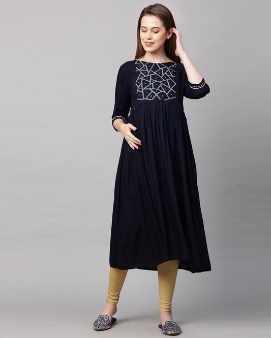 MomToBe Navy Blue Maternity Nursing Kurta-Embroidered Print-Rayon-Boat Neck-Bump Friendly