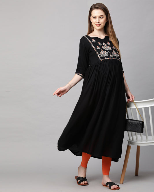 MomToBe Black Maternity Nursing Kurta-Embroidered Print-Rayon-Notch Neck-Bump Friendly