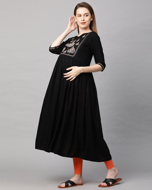 MomToBe Black Maternity Nursing Kurta-Embroidered Print-Rayon-Notch Neck-Bump Friendly