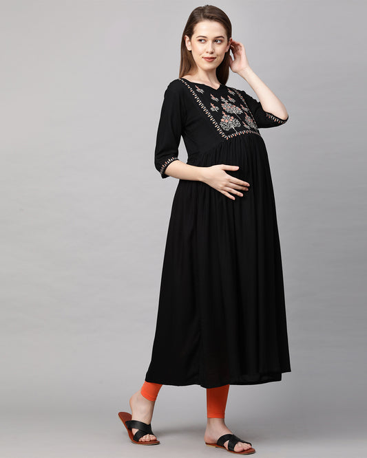 MomToBe Black Maternity Nursing Kurta-Embroidered Print-Rayon-Notch Neck-Bump Friendly