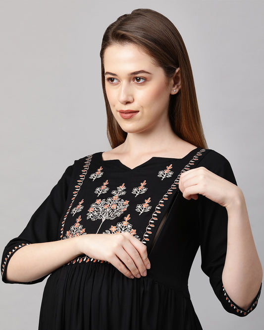 MomToBe Black Maternity Nursing Kurta-Embroidered Print-Rayon-Notch Neck-Bump Friendly