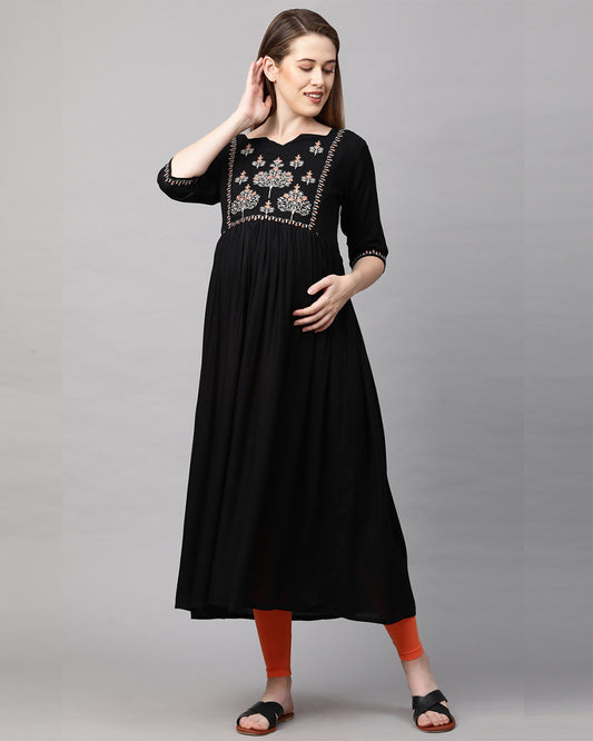 MomToBe Black Maternity Nursing Kurta-Embroidered Print-Rayon-Notch Neck-Bump Friendly