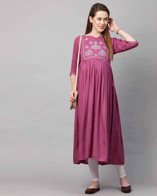 MomToBe Purple Maternity Nursing Kurta-Embroidered Print-Rayon-Notch Neck-Bump Friendly