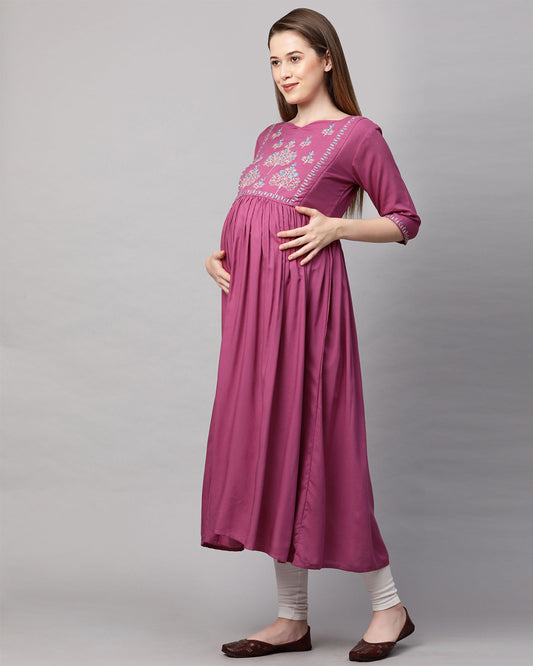 MomToBe Purple Maternity Nursing Kurta-Embroidered Print-Rayon-Notch Neck-Bump Friendly