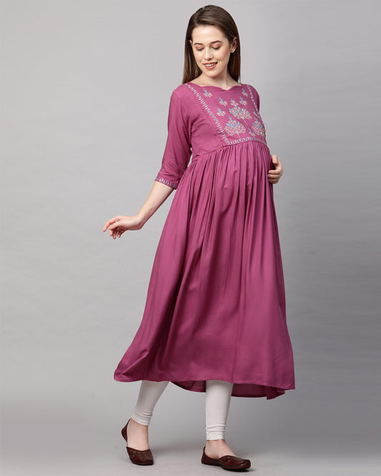 MomToBe Purple Maternity Nursing Kurta-Embroidered Print-Rayon-Notch Neck-Bump Friendly