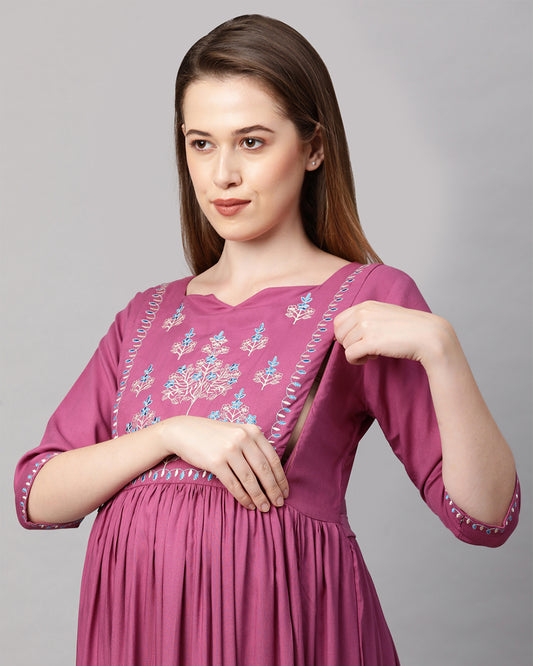 MomToBe Purple Maternity Nursing Kurta-Embroidered Print-Rayon-Notch Neck-Bump Friendly