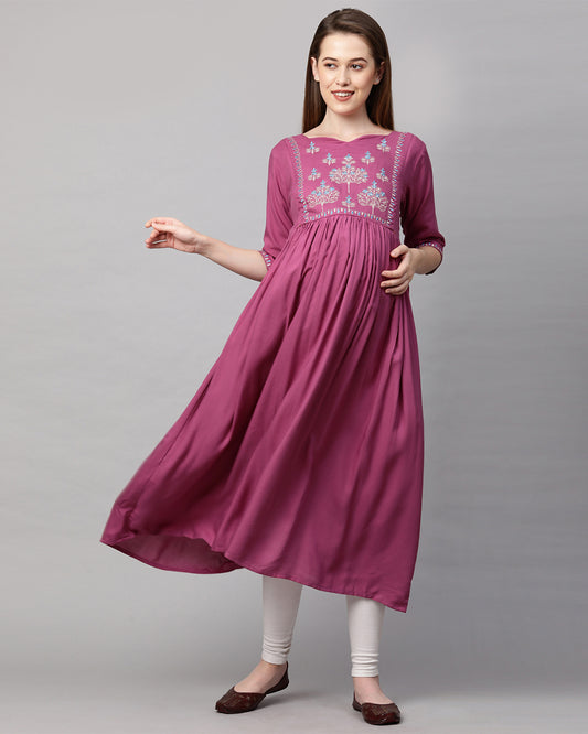 MomToBe Purple Maternity Nursing Kurta-Embroidered Print-Rayon-Notch Neck-Bump Friendly